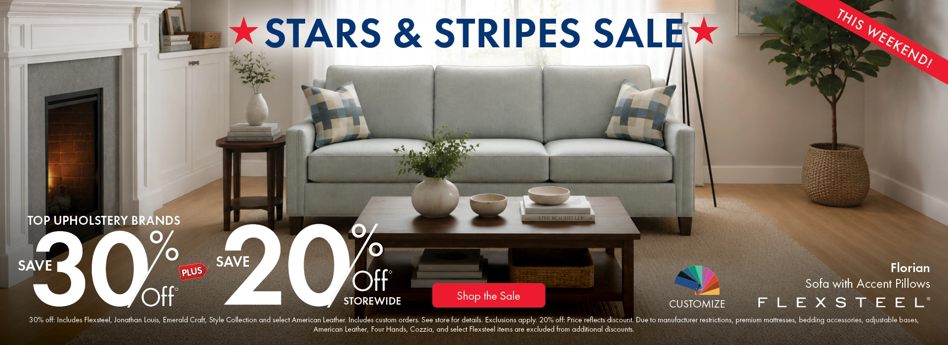 Morris Home Stars & Stripes Sale featuring top upholstery brands: save 30% off, plus 20% off storewide. Shop the sale now.
