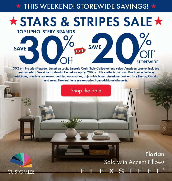 Morris Home Stars & Stripes Sale featuring top upholstery brands: save 30% off, plus 20% off storewide. Shop the sale now.