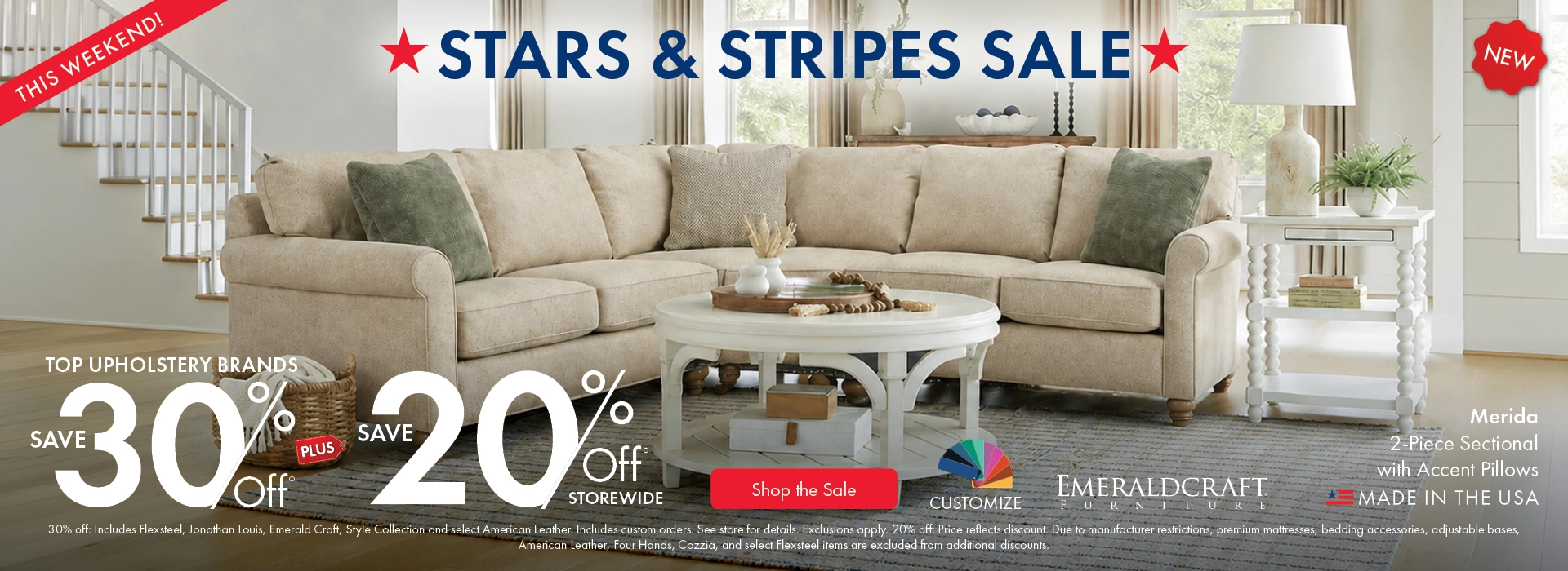 Morris Home Stars & Stripes Sale featuring top upholstery brands: save 30% off, plus 20% off storewide. Shop the sale now.