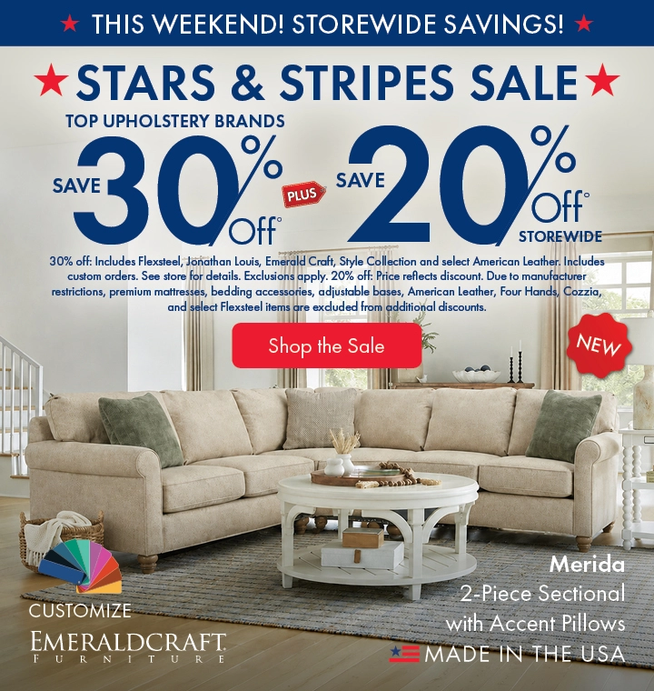 Morris Home Stars & Stripes Sale featuring top upholstery brands: save 30% off, plus 20% off storewide. Shop the sale now.