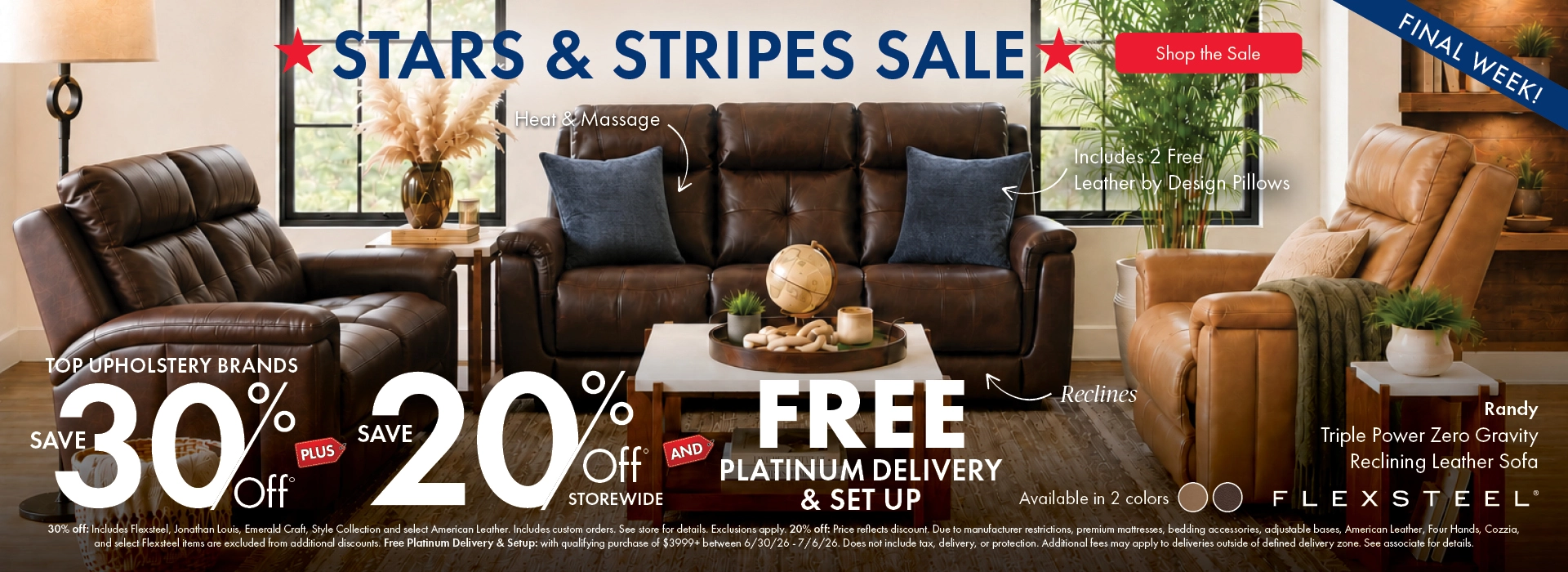 Morris Home Stars & Stripes Sale featuring top upholstery brands: save 30% off, plus 20% off storewide, with free Platinum Delivery and setup. Shop the sale now.