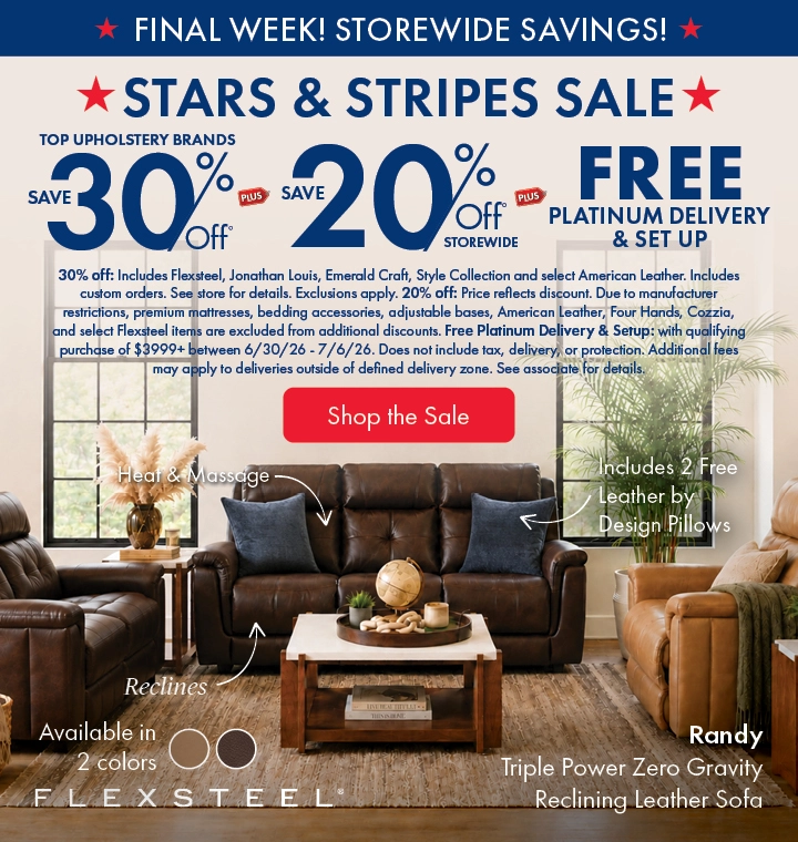 Morris Home Stars & Stripes Sale featuring top upholstery brands: save 30% off, plus 20% off storewide, with free Platinum Delivery and setup. Shop the sale now.