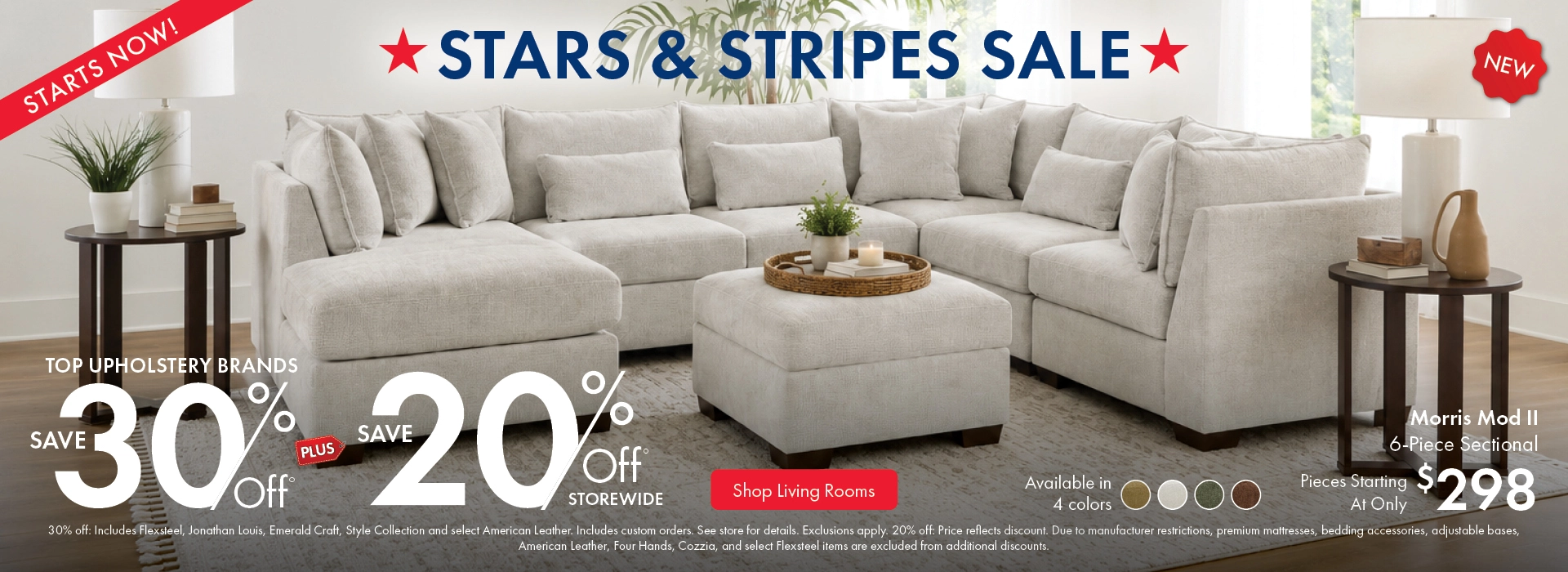 Morris Home Stars & Stripes Sale featuring top upholstery brands: save 30% off, plus 20% off storewide. Shop the sale now.