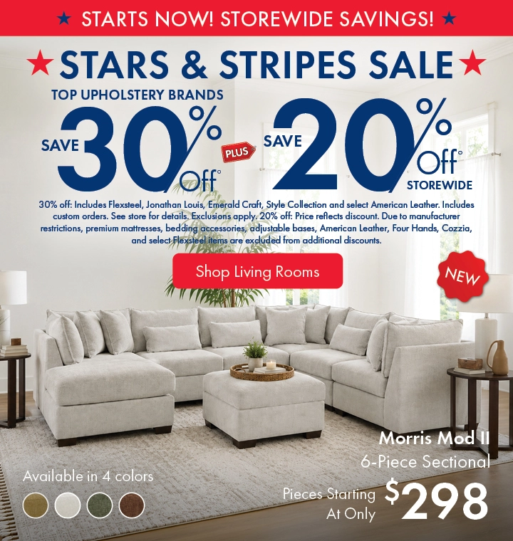 Morris Home Stars & Stripes Sale featuring top upholstery brands: save 30% off, plus 20% off storewide. Shop the sale now.