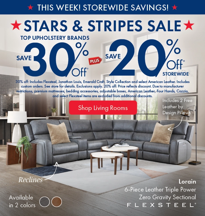 Morris Home Stars & Stripes Sale featuring top upholstery brands: save 30% off, plus 20% off storewide. Shop the sale now.