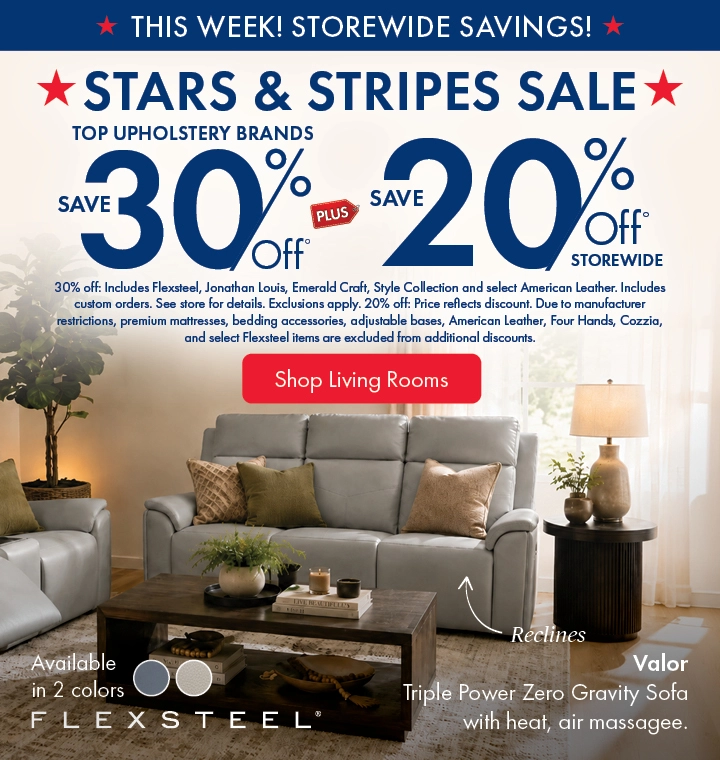 Morris Home Stars & Stripes Sale featuring top upholstery brands: save 30% off, plus 20% off storewide. Shop the sale now.