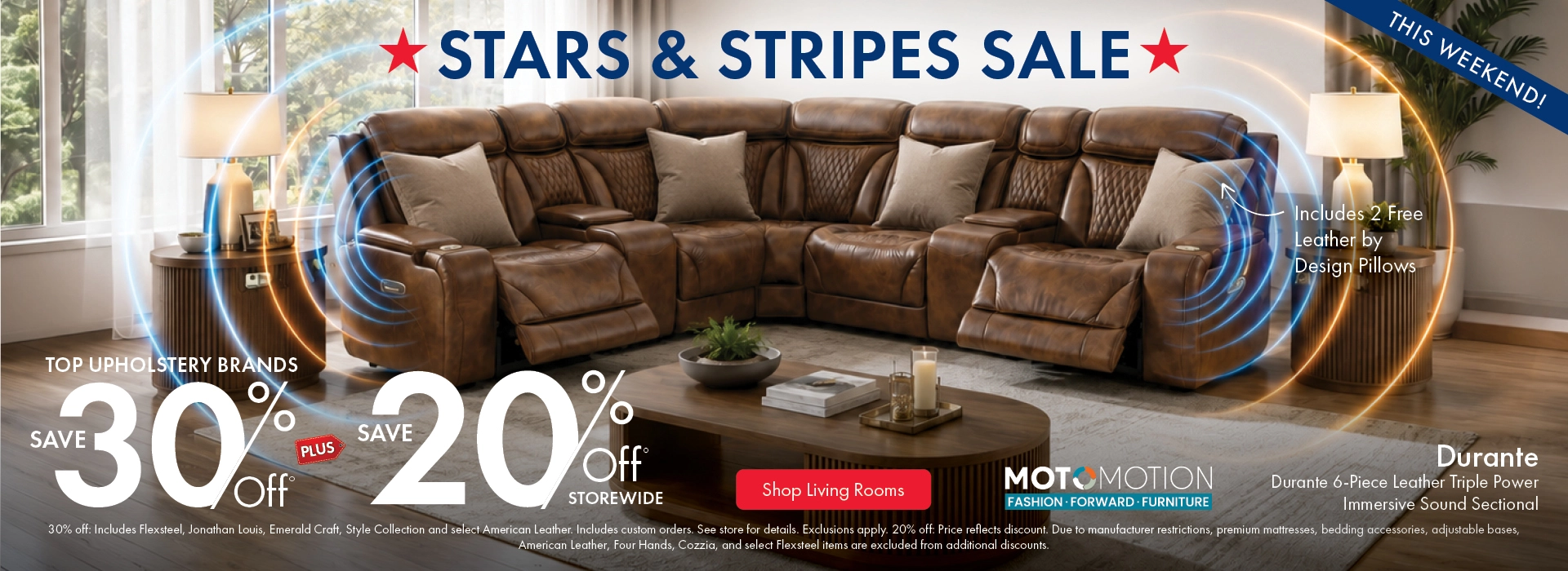 Morris Home Stars & Stripes Sale featuring top upholstery brands: save 30% off, plus 20% off storewide. Shop the sale now.