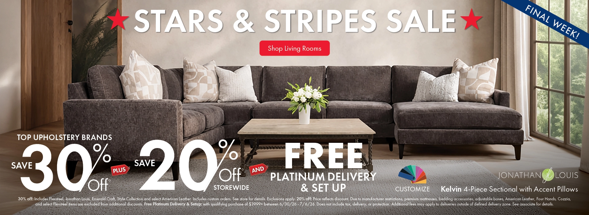 Morris Home Stars & Stripes Sale featuring top upholstery brands: save 30% off, plus 20% off storewide, with free Platinum Delivery and setup. Shop the sale now.