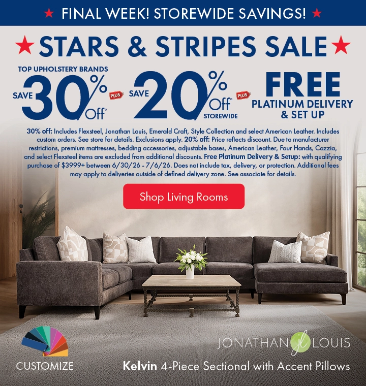 Morris Home Stars & Stripes Sale featuring top upholstery brands: save 30% off, plus 20% off storewide, with free Platinum Delivery and setup. Shop the sale now.