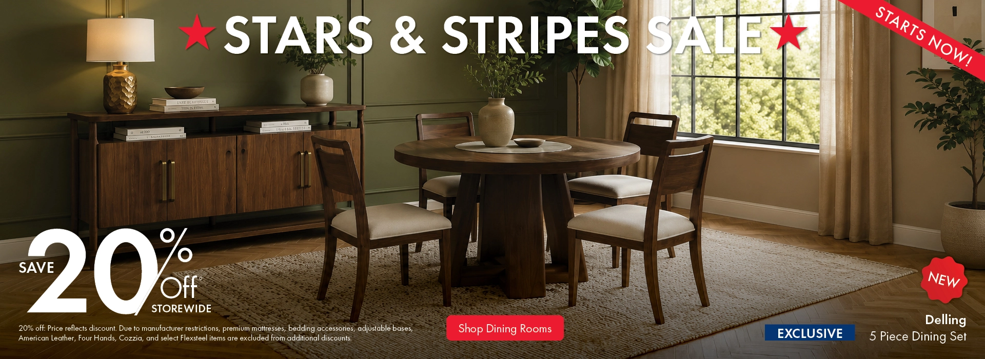 Morris Home Stars & Stripes Sale save 20% off storewide. Shop Dining Rooms.