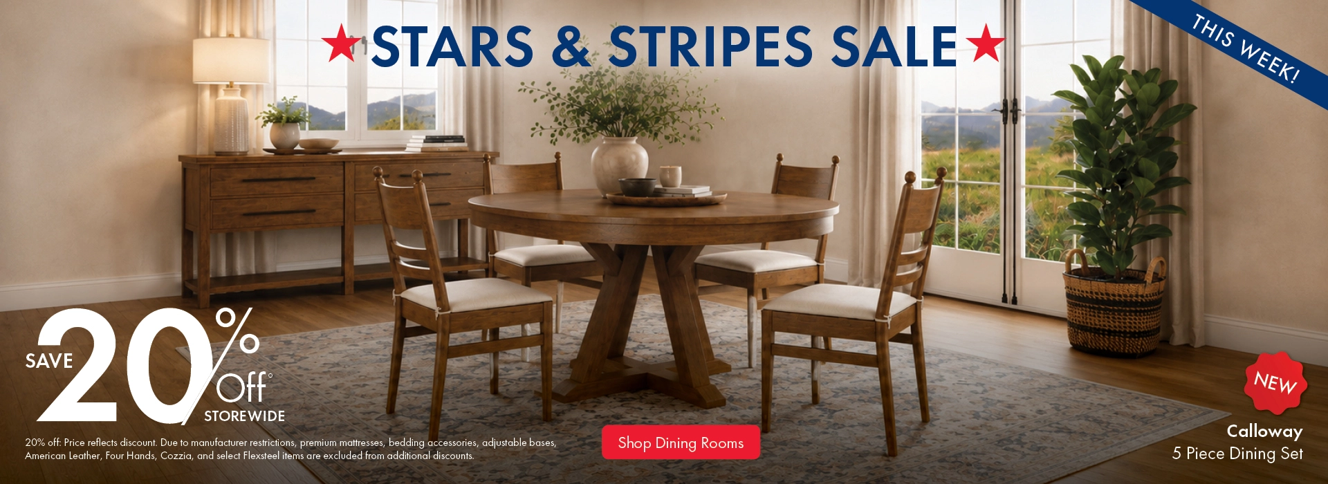 Morris Home Stars & Stripes Sale save 20% off storewide. Shop Dining Rooms.