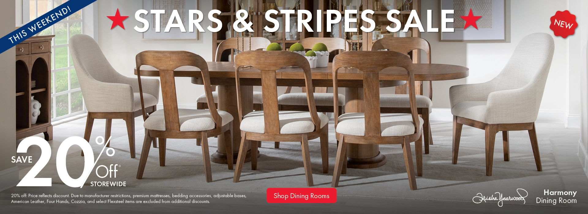 Morris Home Stars & Stripes Sale save 20% off storewide. Shop Dining Rooms.