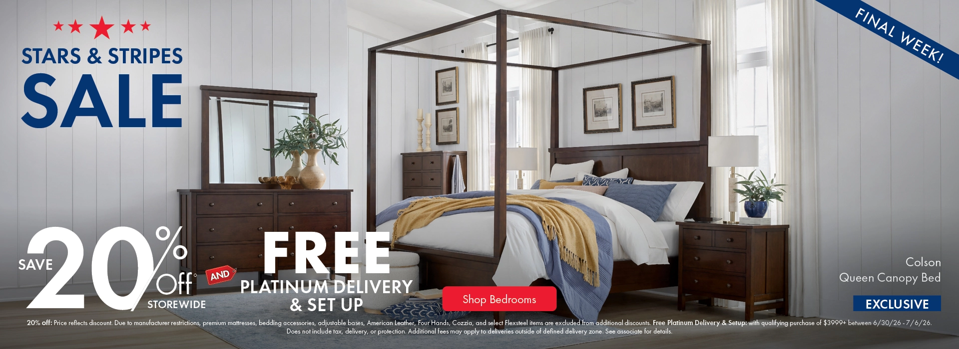 Morris Home Stars & Stripes Sale save 20% off storewide, and Free Platinum Delivery and Setup. Shop Bedrooms.