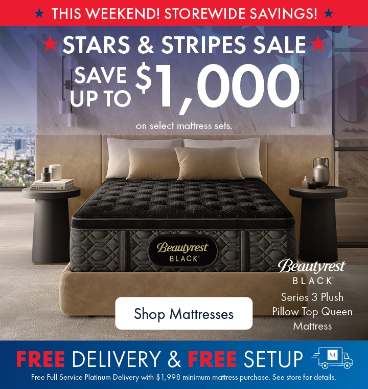 Stars and Stripes Mattress Sale at Morris Home and Ashley—Save up to $1,000 on select mattress sets plus Free Delivery and Free Setup. Shop all mattresses on sale.