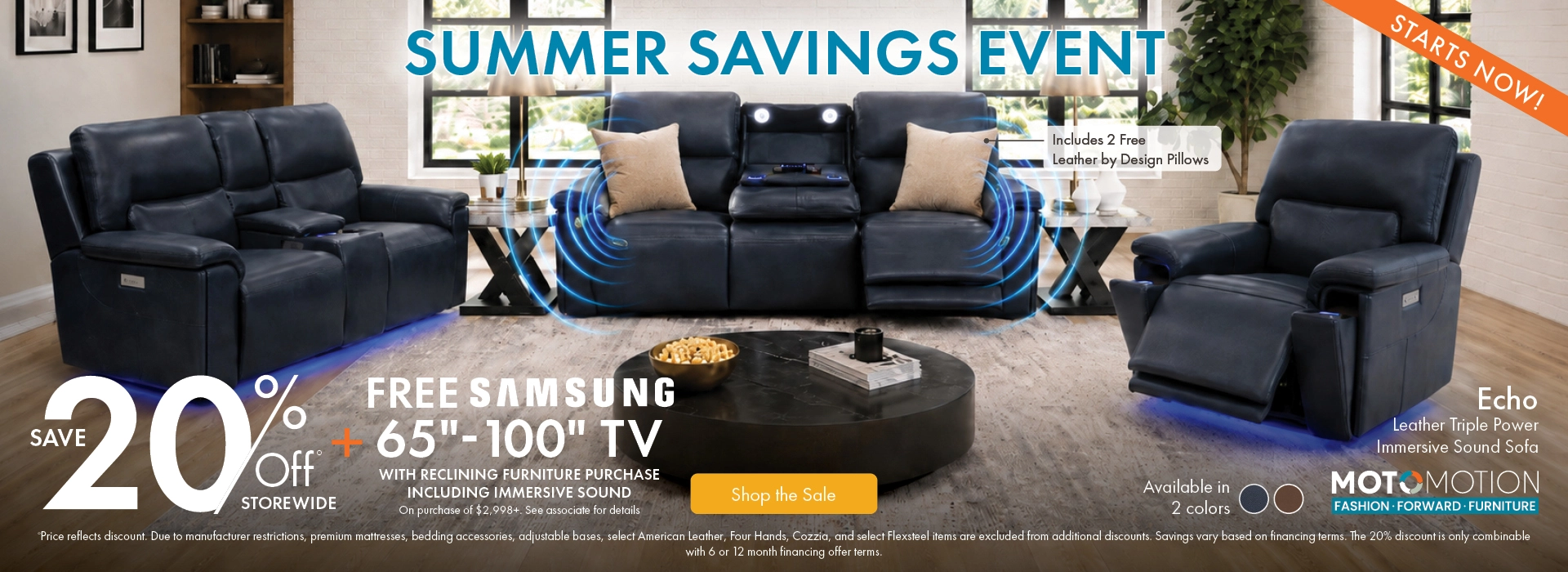 Morris Home Summer Savings Event save 20% off storewide 20% off storewide, plus a free Samsung 65-inch to 100-inch TV with qualifying immersive sound reclining furniture purchases of $2,998 or more. See associate for details. Shop the sale now.