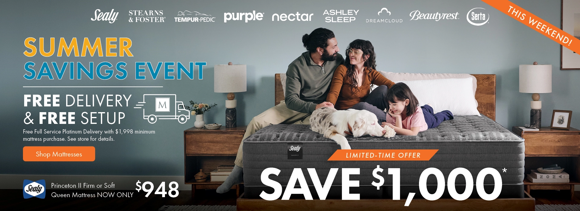 Summer Savings Event at Morris Home and Ashley—Save $1,000 and shop the Sealy Princeton II collection plus Free Delivery and Free Setup. Shop all mattresses on sale.
