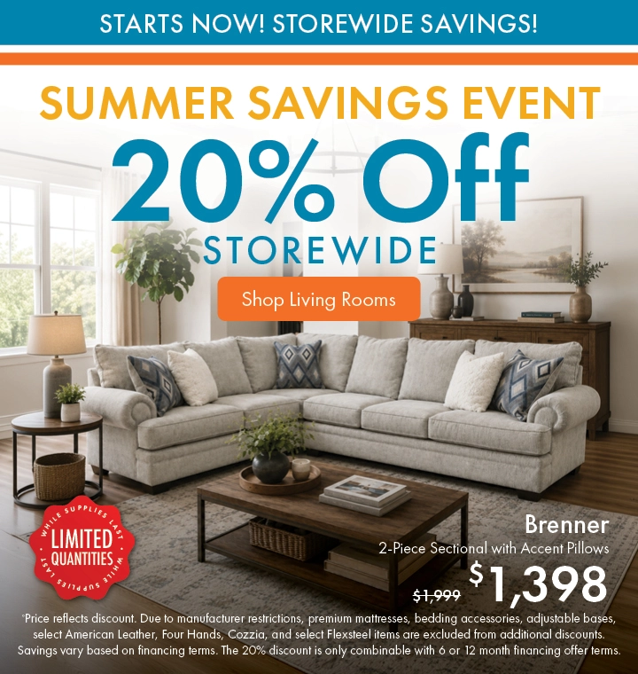 Morris Home Summer Savings Event save 20% off storewide. Shop Living Rooms.