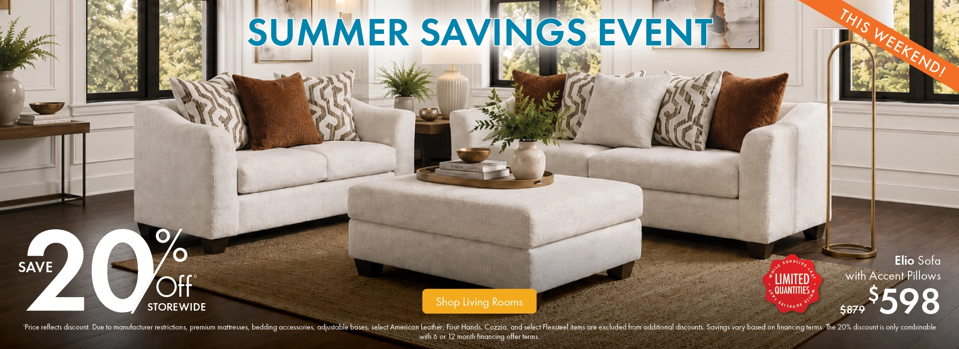 Morris Home Summer Savings Event save 20% off storewide. Shop Living Rooms.