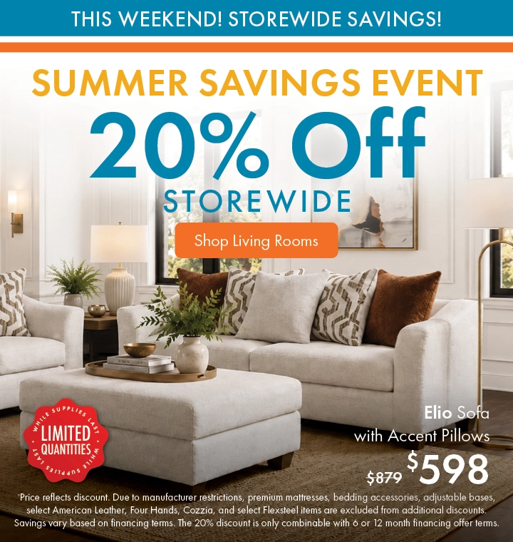 Morris Home Summer Savings Event save 20% off storewide. Shop Living Rooms.