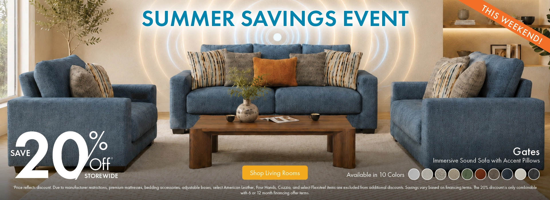 Morris Home Summer Savings Event save 20% off storewide. Shop Living Rooms.