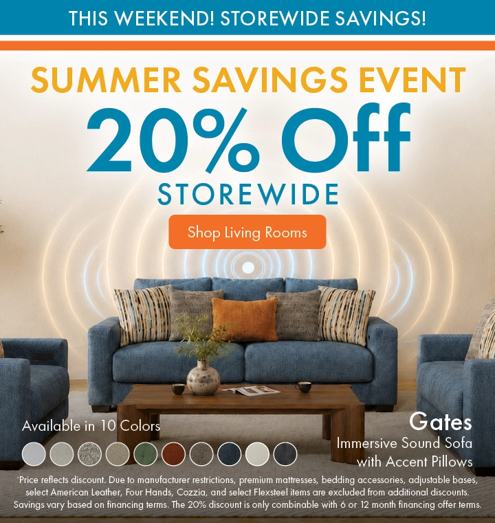 Morris Home Summer Savings Event save 20% off storewide. Shop Living Rooms.