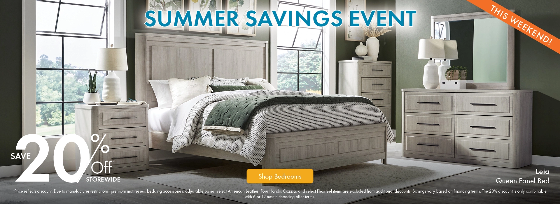 Morris Home Summer Savings Event save 20% off storewide. Shop Bedrooms.