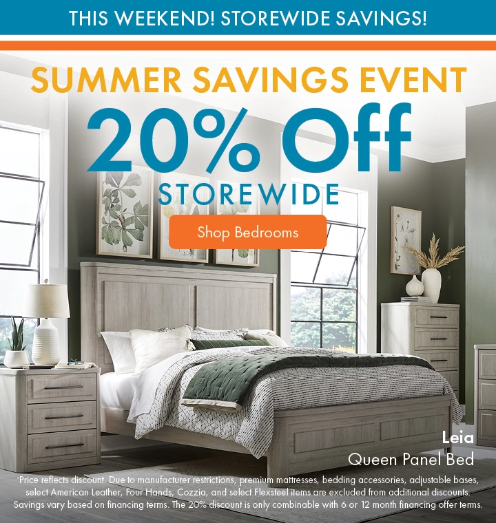 Morris Home Summer Savings Event save 20% off storewide. Shop Bedrooms.