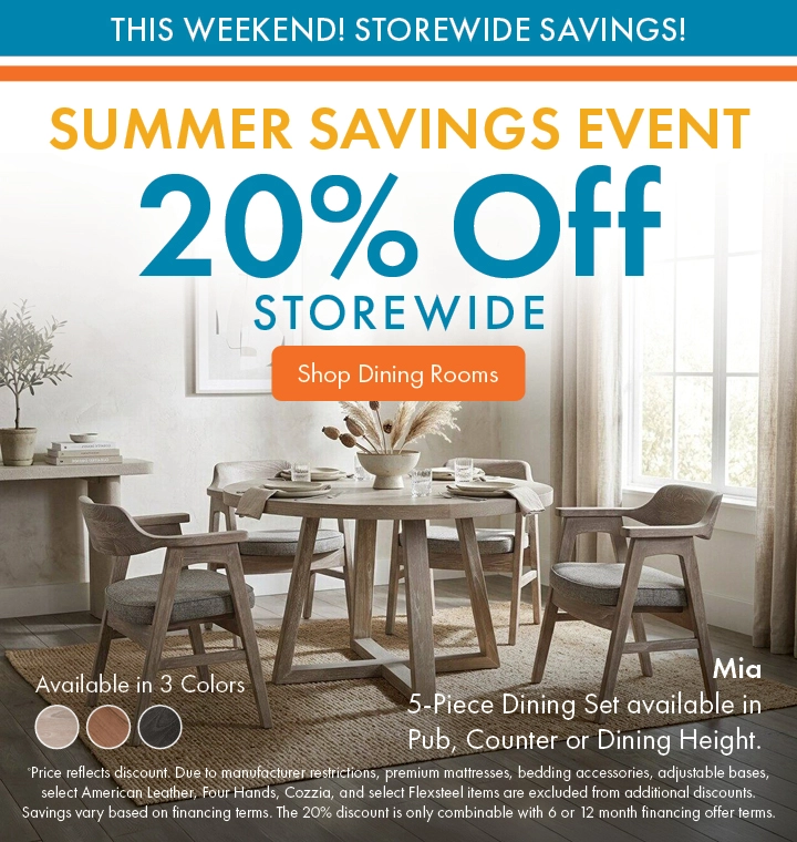 Morris Home Summer Savings Event save 20% off storewide. Shop Dining Rooms