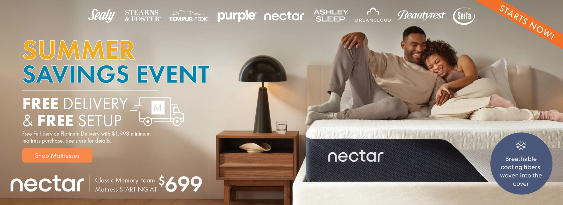 Summer Saving Event at Morris Home and Ashley—Nectar mattresses starting at $699 plus Free Delivery and Free Setup. Shop all mattresses on sale.