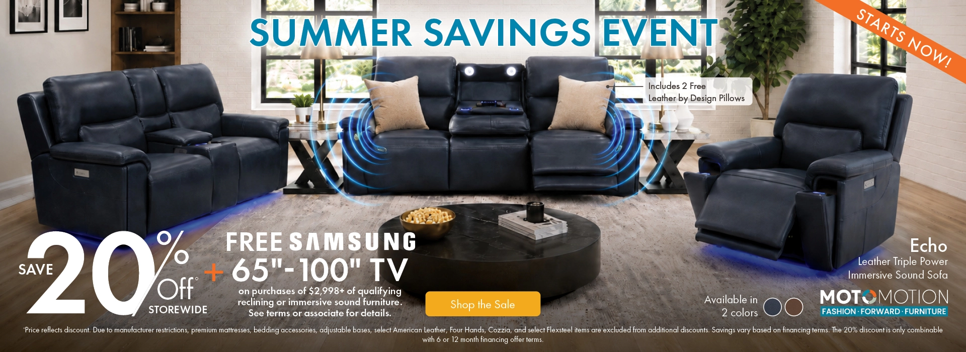 Morris Home Summer Savings Event save 20% off storewide plus a free Samsung 65-inch to 100-inch TV with qualifying immersive sound reclining furniture purchases of $2,998 or more. See associate for details. Shop the sale now.