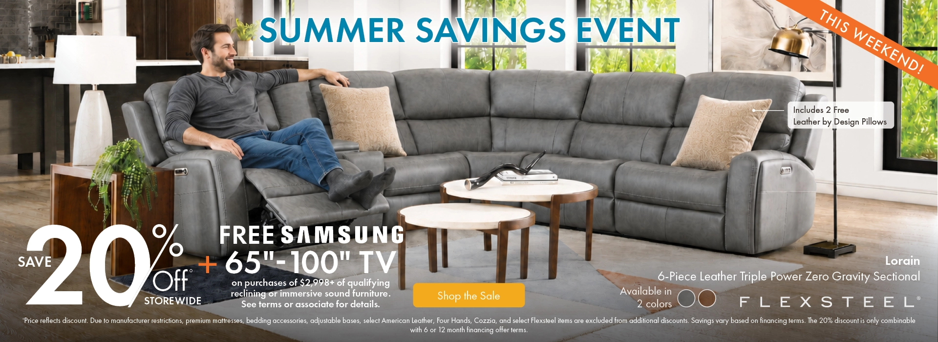 Morris Home Summer Savings Event save 20% off storewide plus a free Samsung 65-inch to 100-inch TV with qualifying immersive sound reclining furniture purchases of $2,998 or more. See associate for details. Shop the sale now.