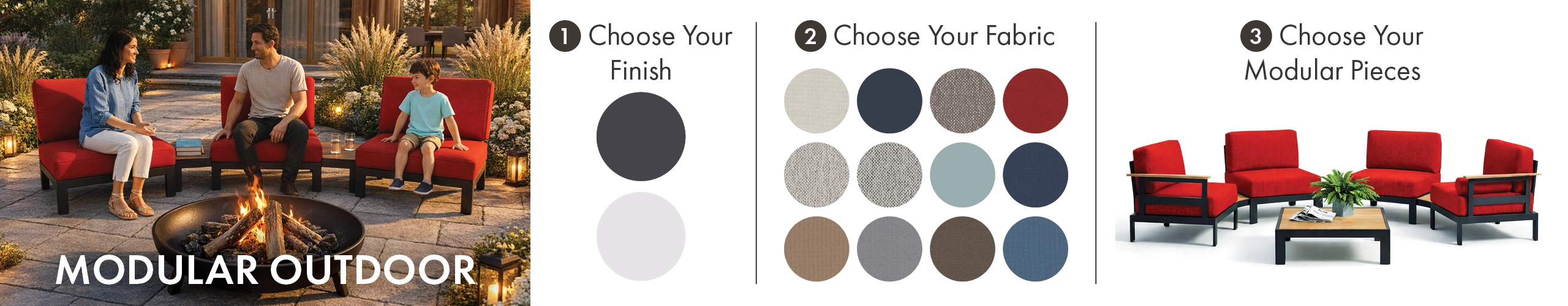 Illustration of customizable modular outdoor furniture configuration process showing three steps: choose a furniture finish, select fabric options, and arrange modular seating pieces to create a personalized outdoor living setup.