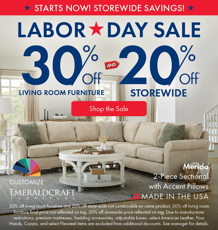 Morris Home Labor Day Sale save 30% off living room furniture and 20% off Storewide. Shop the sale now.
