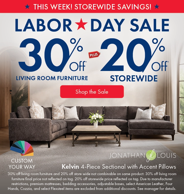 Morris Home Labor Day Sale save 30% off living room furniture and 20% off Storewide. Shop the sale now.