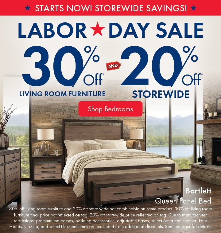 Morris Home Labor Day Sale - save 30% off living room furniture and 20% off storewide. Shop Bedrooms.