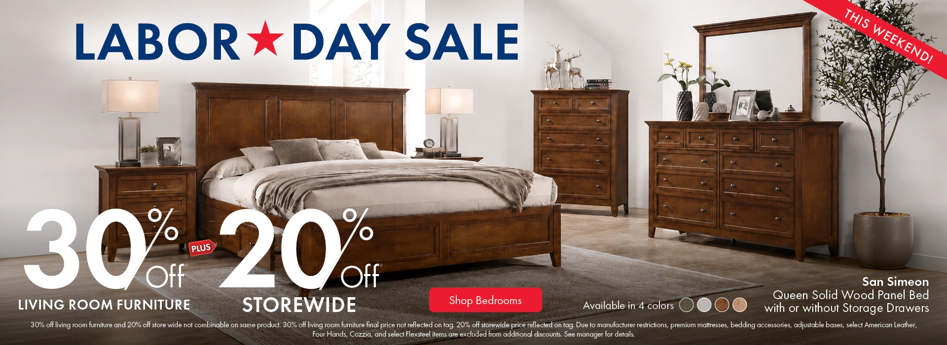 Morris Home Labor Day Sale - save 30% off living room furniture and 20% off storewide. Shop Bedrooms.