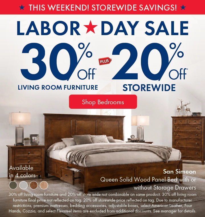 Morris Home Labor Day Sale - save 30% off living room furniture and 20% off storewide. Shop Bedrooms.