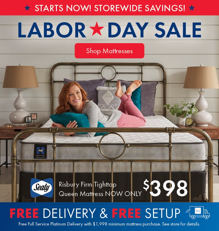 Labor Day Sale at Morris Home and Ashley—Sealy Rissbury Firm Tighttop Queen mattress now only $398 plus Free Delivery and Free Setup. Shop all mattresses on sale.