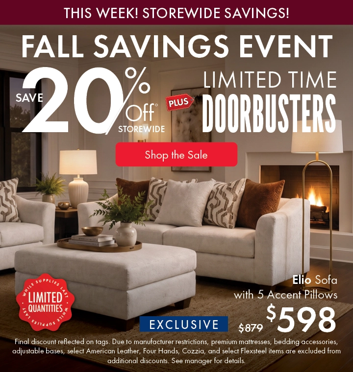 Morris Home Fall Savings Event save 20% off Storewide plus limited time doorbusters. Shop the sale now.