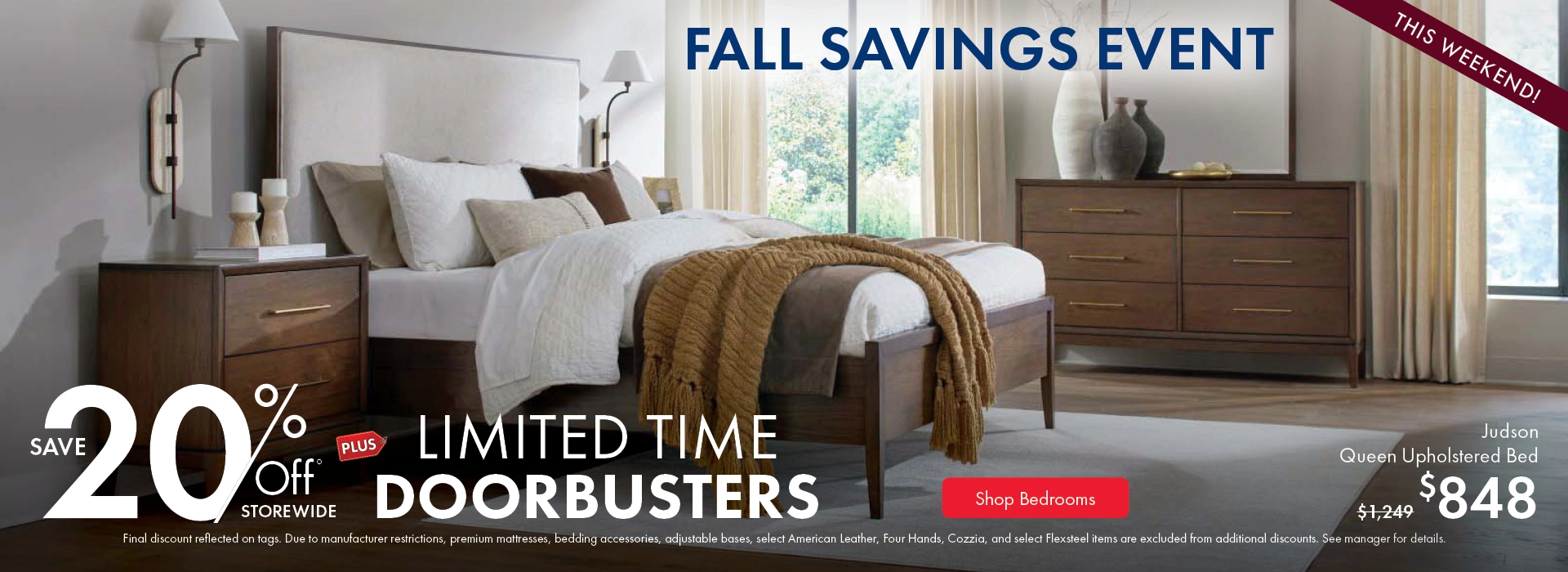 Morris Home Fall Savings Event - save 20% off storewide plus limited time doorbusters. Shop Bedrooms.