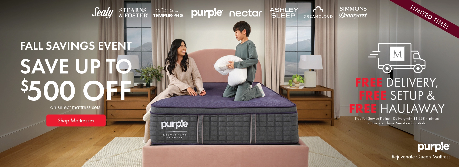 Fall Savings Event at Morris Home and Ashley—Save up to $500 off on select mattress sets plus Free Delivery and Free Setup. Shop all mattresses on sale.