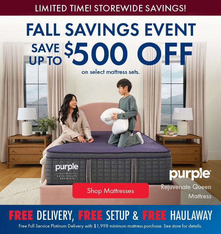 Fall Savings Event at Morris Home and Ashley—Save up to $500 off on select mattress sets plus Free Delivery and Free Setup. Shop all mattresses on sale.