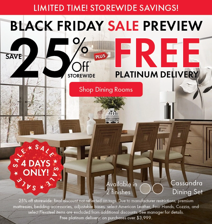 Morris Home Black Friday Sale Preview - save 25% off storewide plus Free Platinum Delivery. Shop Dining Rooms.