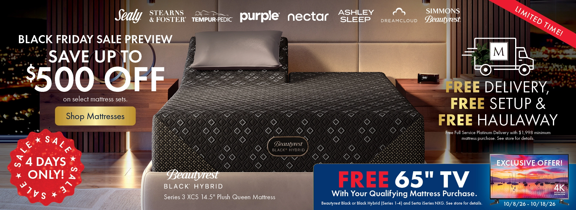 Black Friday Sale Preview at Morris Home and Ashley—Save up to $500 off on select mattress sets plus Free TV plus Free Delivery and Free Setup. Shop all mattresses on sale.