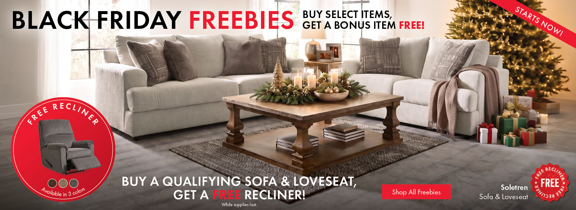 Black Friday Freebies at Morris Home! Buy a qualifying Soletren Sofa & Loveseat and get a FREE recliner, available in 3 colors! Limited time offer while supplies last. Shop all Black Friday freebies today!