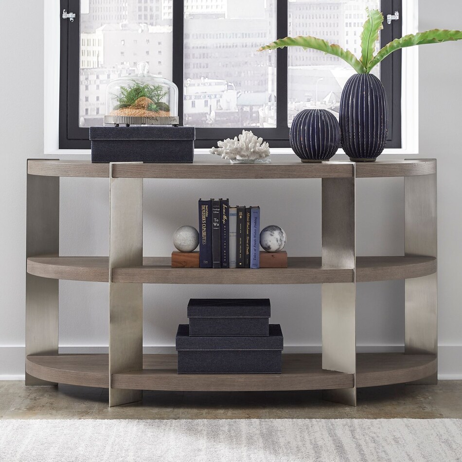 arrow sandstone and satin nickle sofa table   