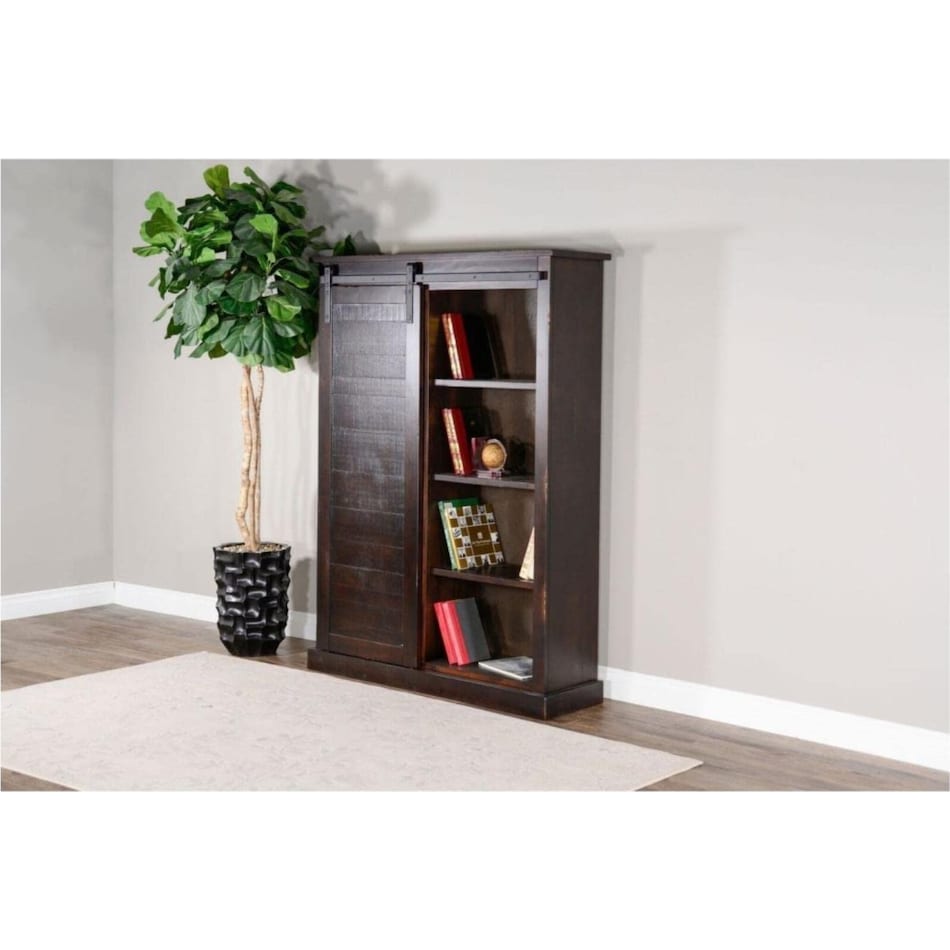 barn door bookcase charred oak dark brown accent bookcase   