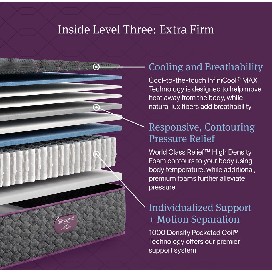beautyrest world class level  extra firm top color: gray side color: gray accent color: purple mattress twin xl   