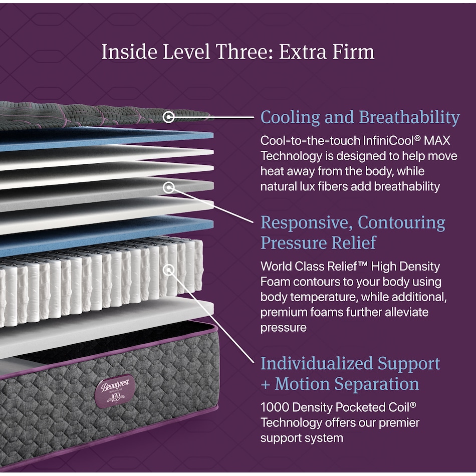 beautyrest world class level  extra firm top color: gray side color: gray accent color: purple mattress twin   