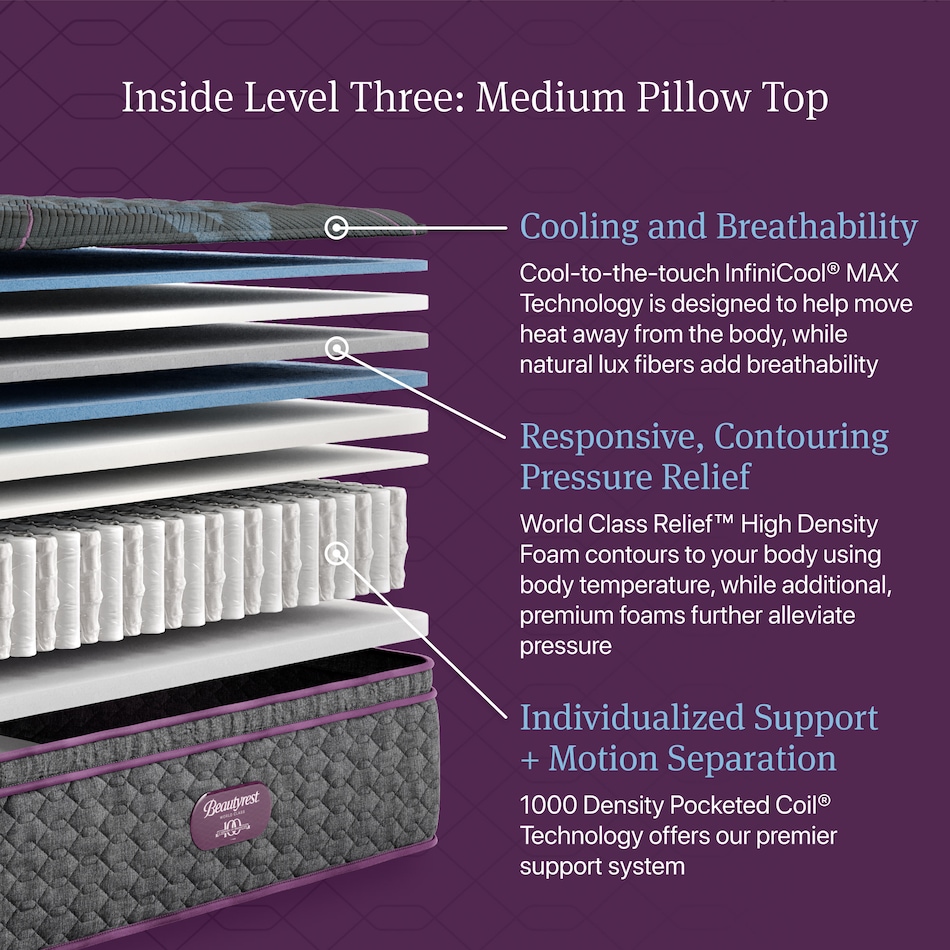beautyrest world class level  med pt top color: gray side color: gray accent color: purple mattress twin   
